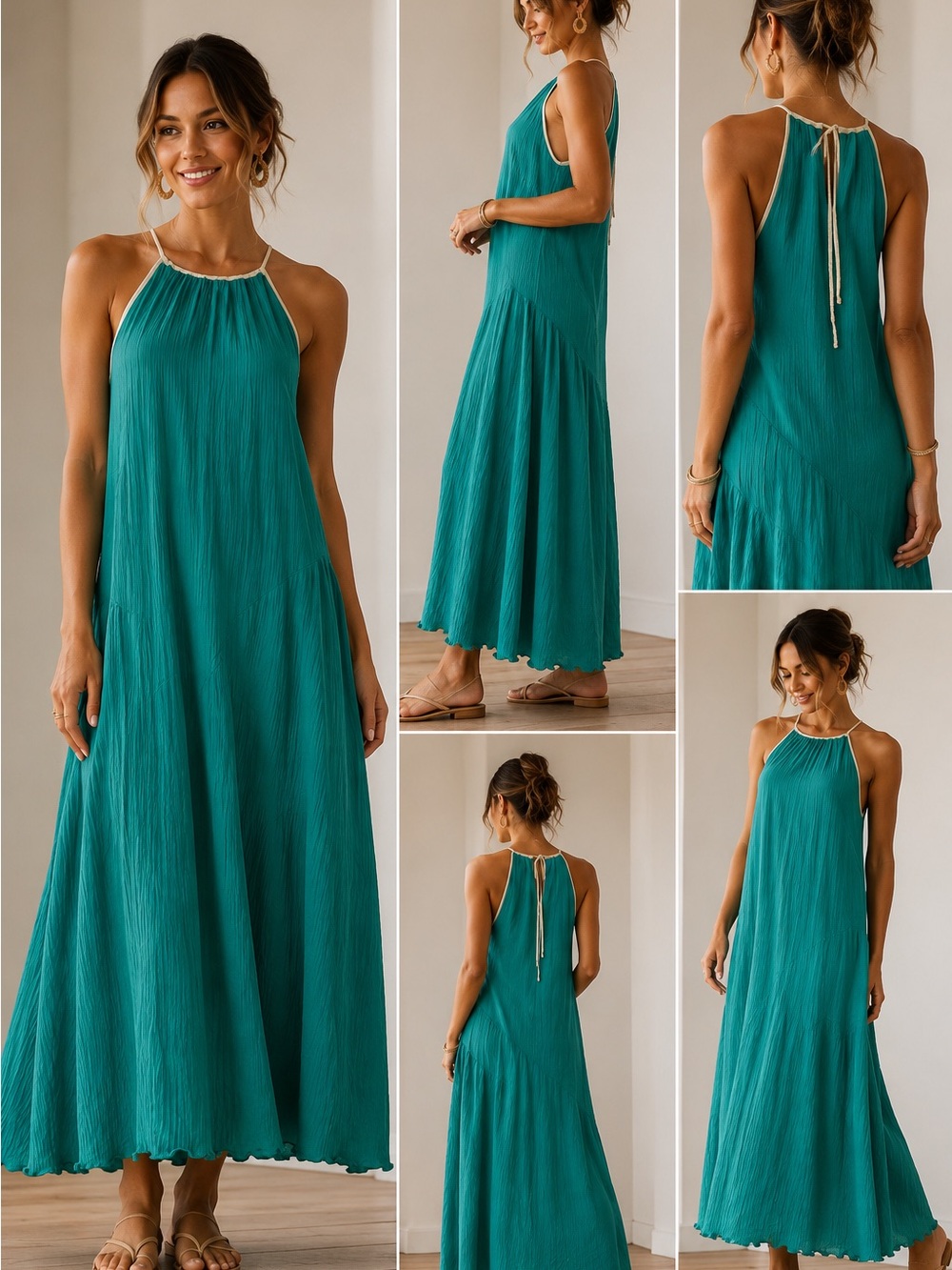 Rag & Bone Melody Halter Maxi Dress XS Teal Silk Blend Crinkle Resort Boho